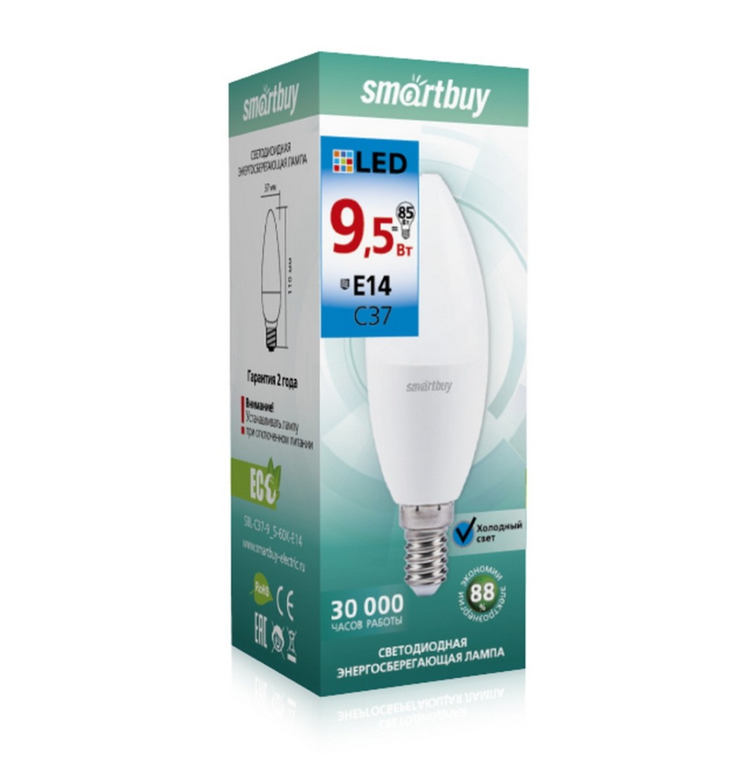 Лампа светодиод Smartbuy SBL-C37-9-5-60 230V Е14 9.5Вт 6000К (свеча)
