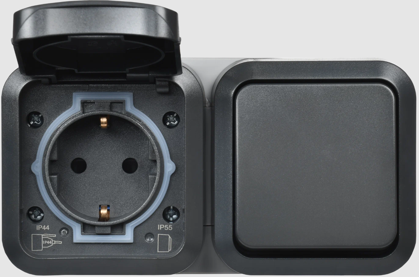 Блок розетка + выключатель горизонтальный TORS TS-G10-6-55-V-K53 16А IP55 графит (6017967 )
