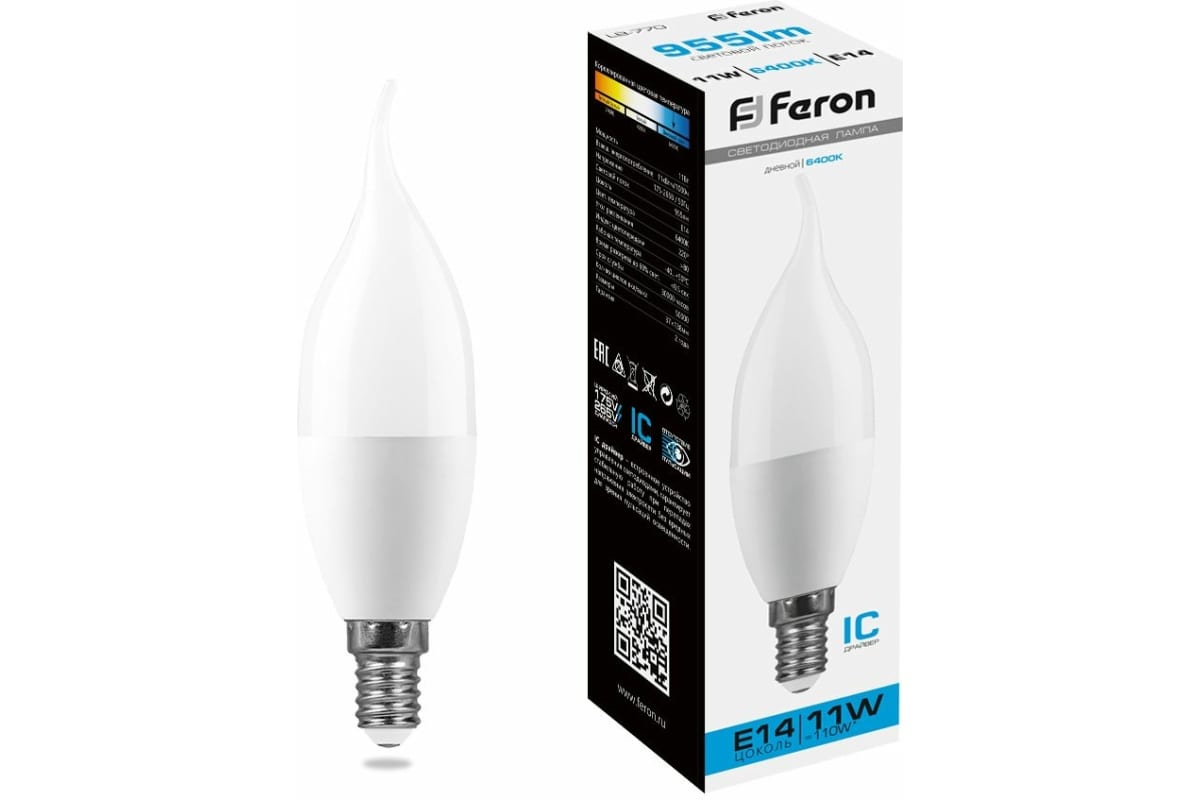 Лампа светодиод Feron LB-770 25952 11W 230V E14 6400K C35 (свеча на ветру)