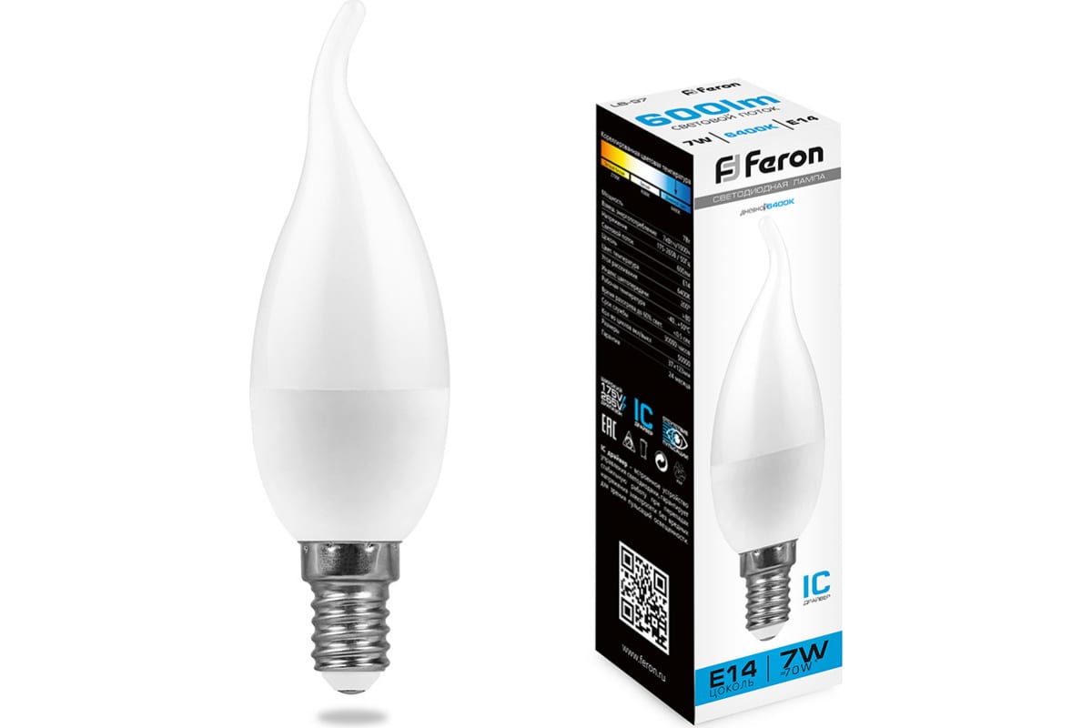 Лампа светодиод Feron LB-97 38135 7W 230V E14 6400K (свеча на ветру)