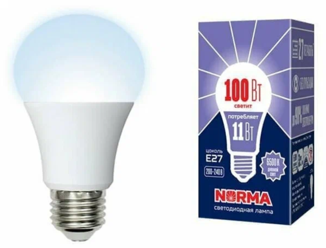 Лампа светодиод Volpe серия Norma LED-A60-11W/DW/E27/FR/NR (форма А матовая дневной белый свет 6500К)