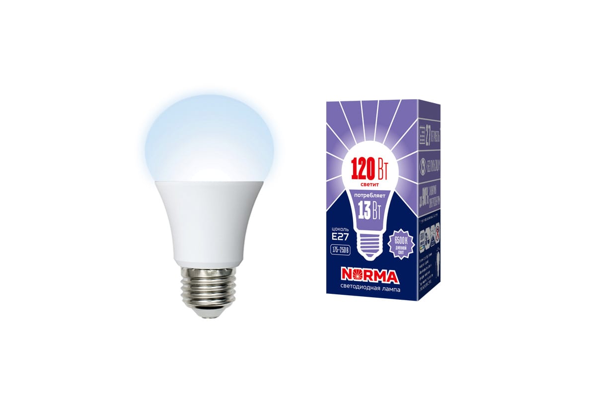 Лампа светодиод Volpe серия Norma LED-A60-13W/DW/E27/FR/NR (форма А матовая дневной белый свет 6500К)