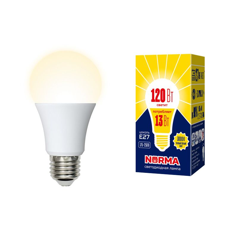 Лампа светодиод Volpe серия Norma LED-A60-13W/WW/E27/FR/NR (форма А матовая теплый белый свет 3000К)