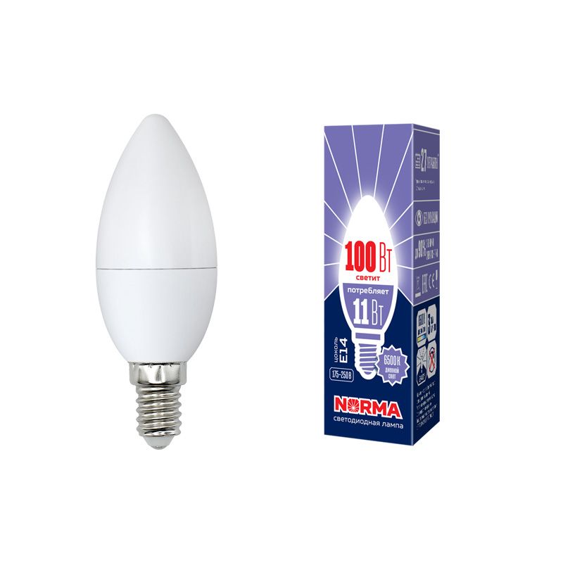 Лампа светодиод Volpe серия Norma LED-C37-11W/DW/E14/FR/NR (форма свеча матовая дневной белый свет 6500К)