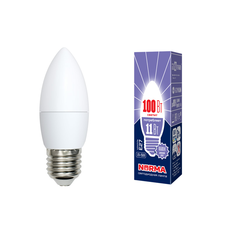 Лампа светодиод Volpe серия Norma LED-C37-11W/DW/E27/FR/NR (форма свеча матовая дневной белый свет 6500К)