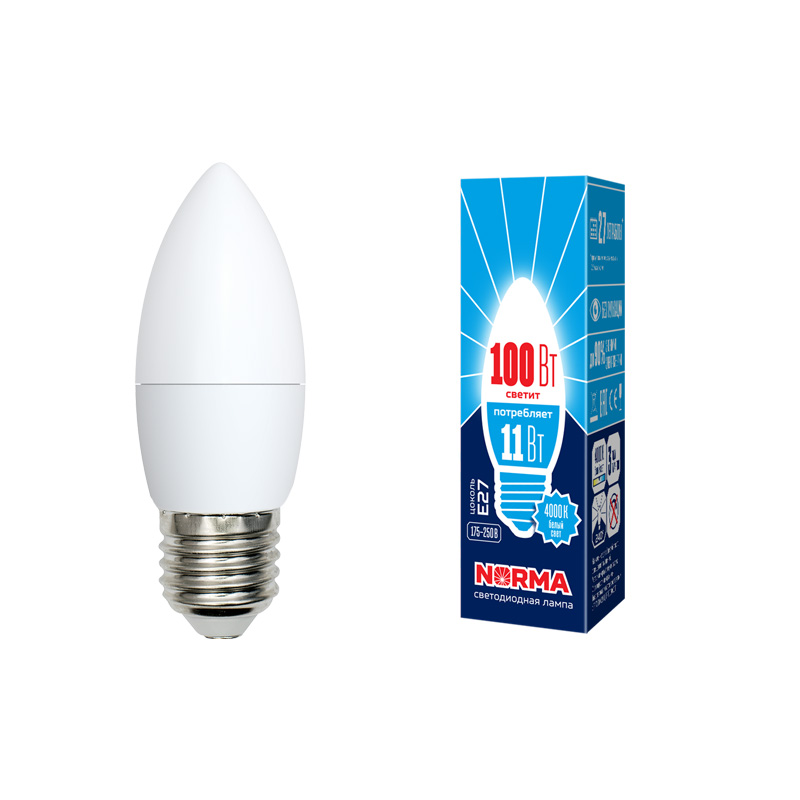 Лампа светодиод Volpe серия Norma LED-C37-11W/NW/E27/FR/NR (форма свеча матовая белый свет 4000К)