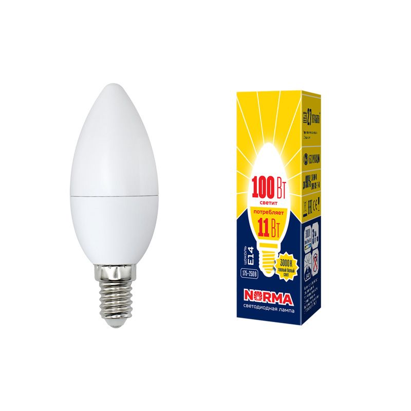 Лампа светодиод Volpe серия Norma LED-C37-11W/WW/E14/FR/NR (форма свеча матовая теплый белый свет 3000К)