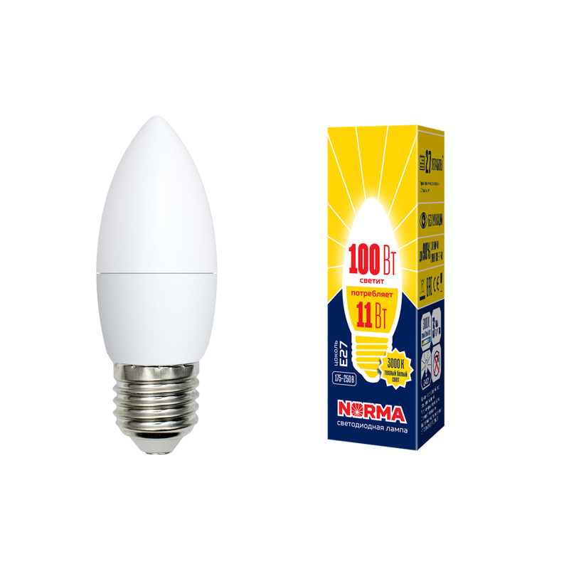 Лампа светодиод Volpe серия Norma LED-C37-11W/WW/E27/FR/NR (форма свеча матовая теплый белый свет 3000К)