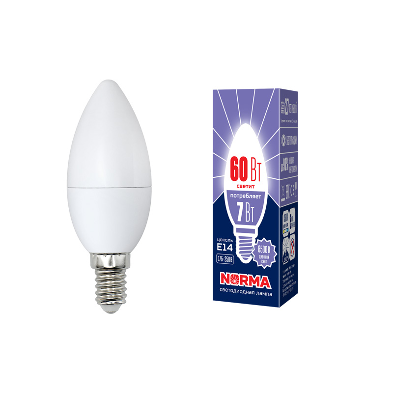 Лампа светодиод Volpe серия Norma LED-C37-7W/DW/E14/FR/NR (форма свеча матовая дневной белый свет 6500К)