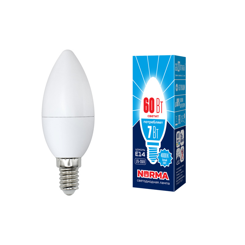 Лампа светодиод Volpe серия Norma LED-C37-7W/NW/E14/FR/NR (форма свеча матовая белый свет 4000К)