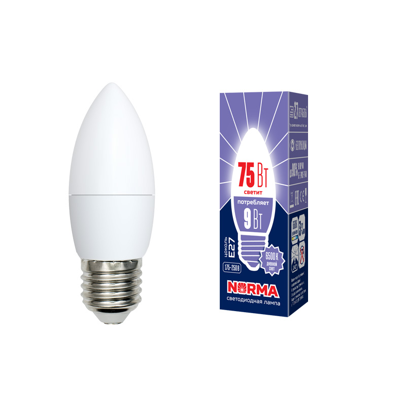 Лампа светодиод Volpe серия Norma LED-C37-9W/DW/E27/FR/NR (форма свеча матовая дневной белый свет 6500К)
