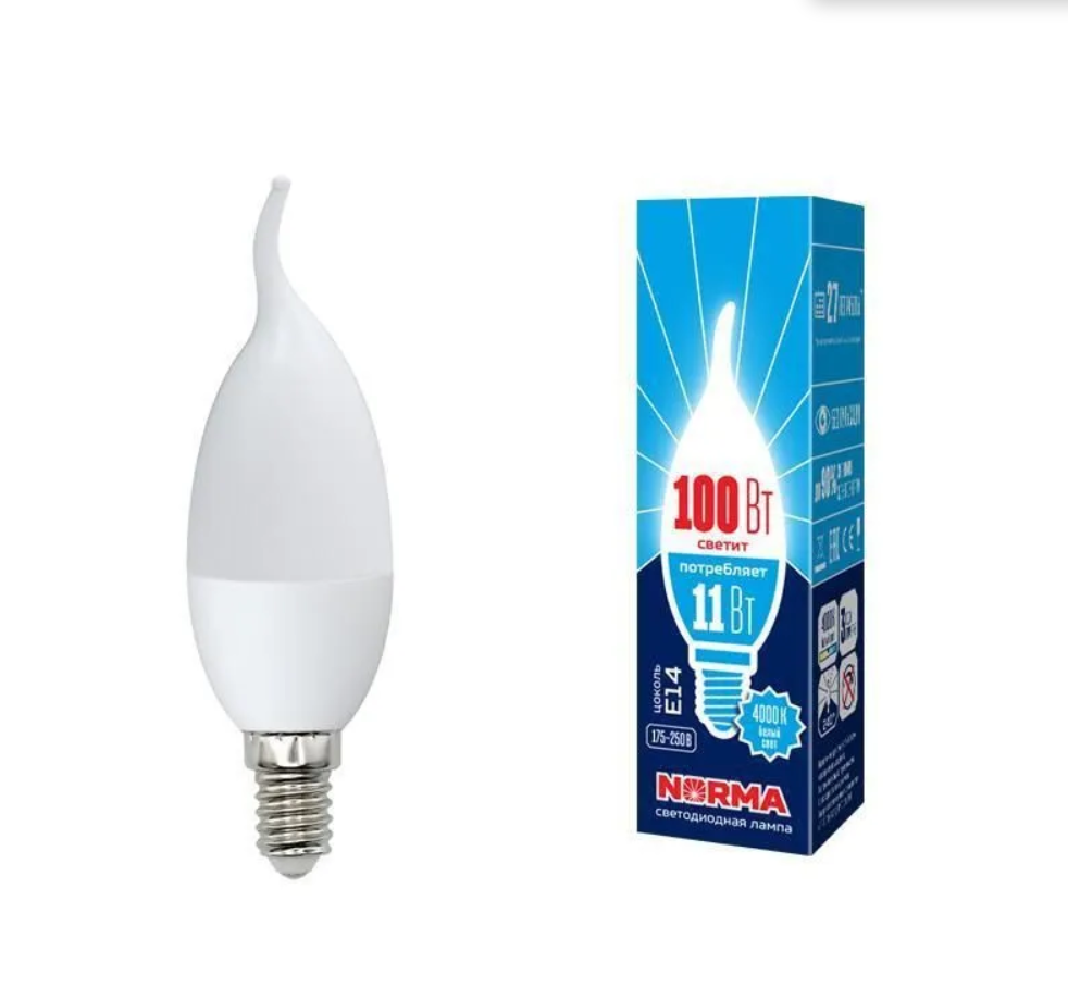 Лампа светодиод Volpe серия Norma LED-CW37-11W/NW/E14/FR/NR (форма свеча на ветру матовая белый свет 4000K)