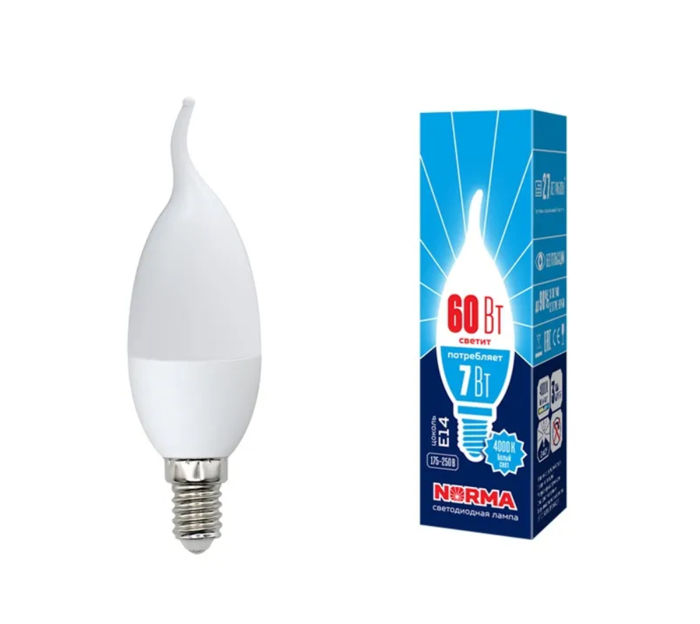Лампа светодиод Volpe серия Norma LED-CW37-7W/NW/E14/FR/NR (форма свеча на ветру матовая белый свет 4000К)