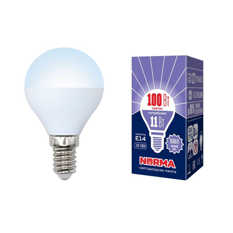 Лампа светодиод Volpe серия Norma LED-G45-11W/DW/E14/FR/NR (форма шар матовая дневной белый свет 6500К)