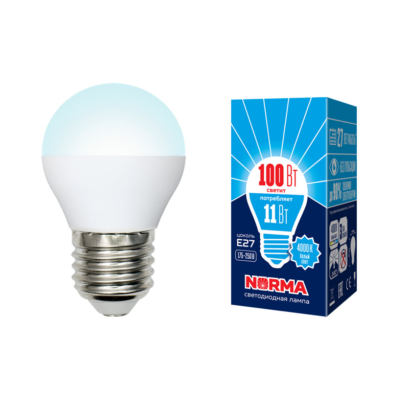Лампа светодиод Volpe серия Norma LED-G45-11W/NW/E27/FR/NR (форма шар матовая белый свет 4000К)