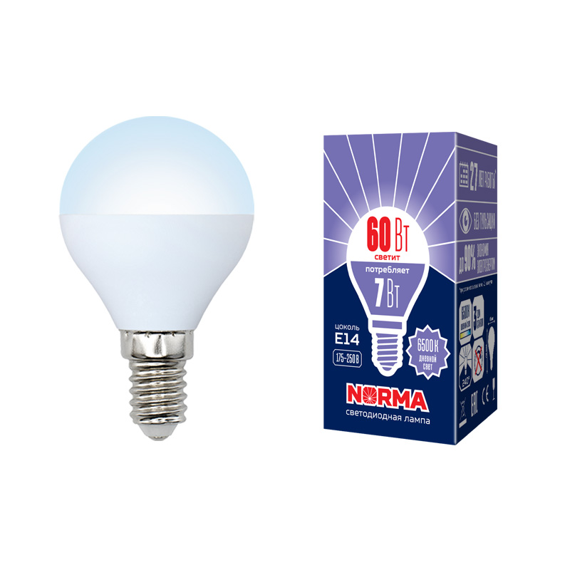 Лампа светодиод Volpe серия Norma LED-G45-7W/DW/E14/FR/NR (форма шар матовая дневной белый свет 6500К)