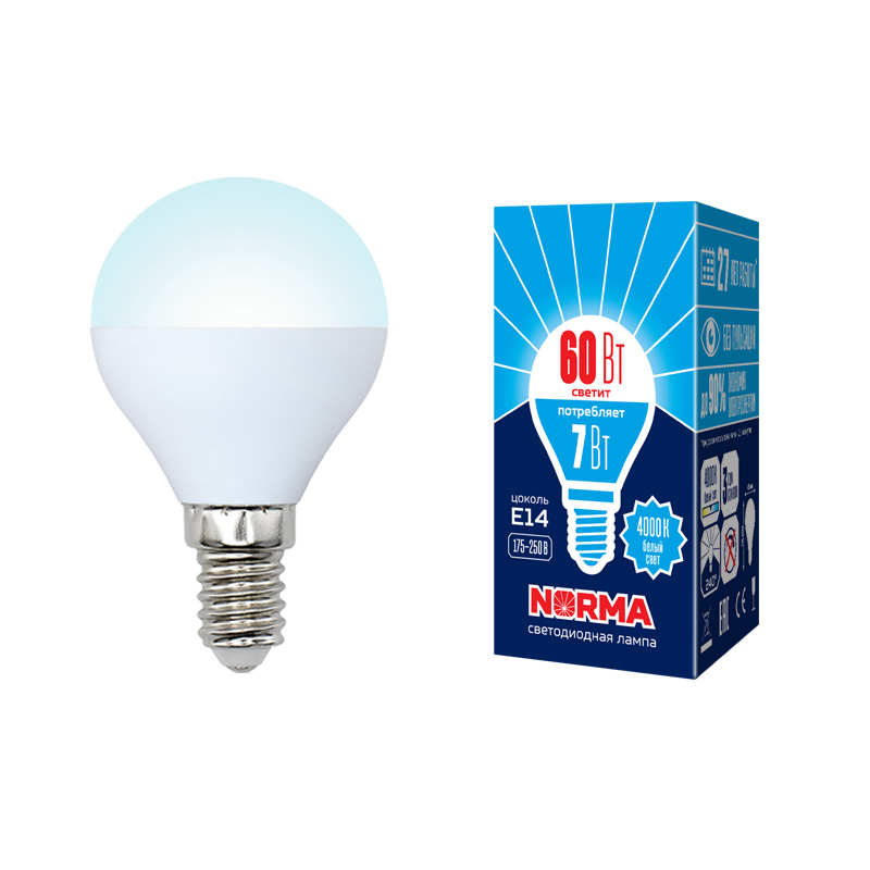Лампа светодиод Volpe серия Norma LED-G45-7W/NW/E14/FR/NR (форма шар матовая белый свет 4000К)