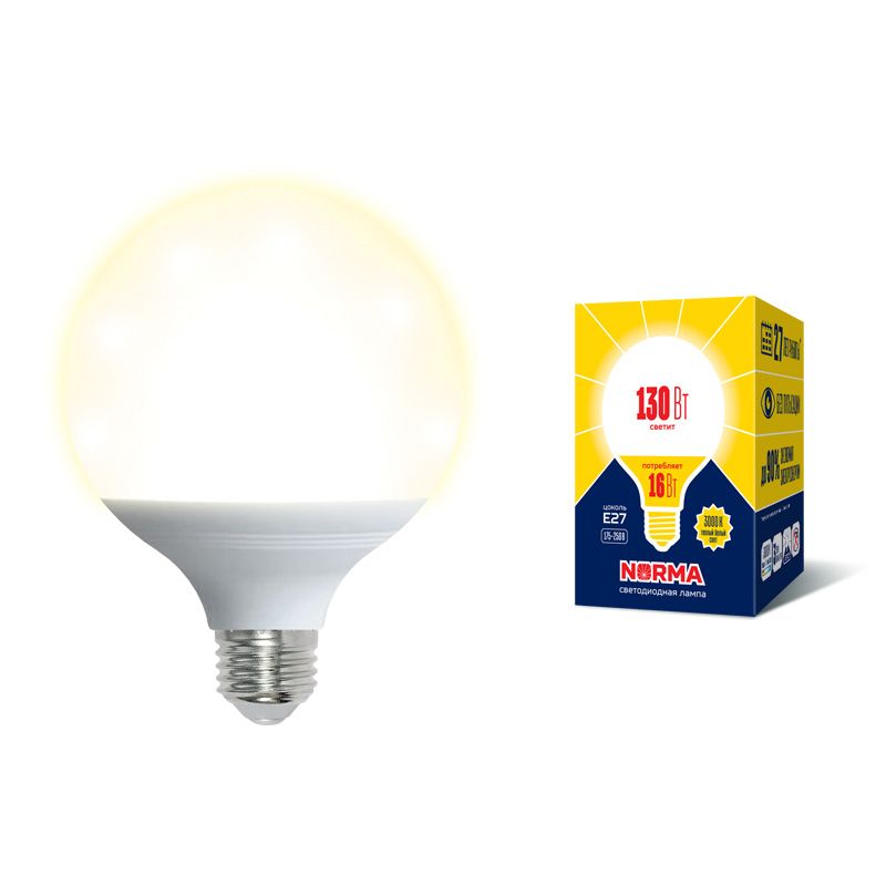 Лампа светодиод Volpe серия Norma LED-G95-16W/3000К/E27/FR/NR (форма шар матовая теплый белый свет 3000К)
