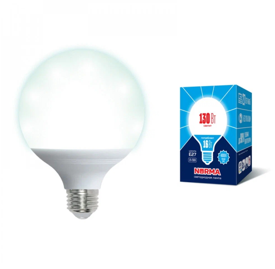 Лампа светодиод Volpe серия Norma LED-G95-16W/4000К/E27/FR/NR (форма шар матовая белый свет 4000К)