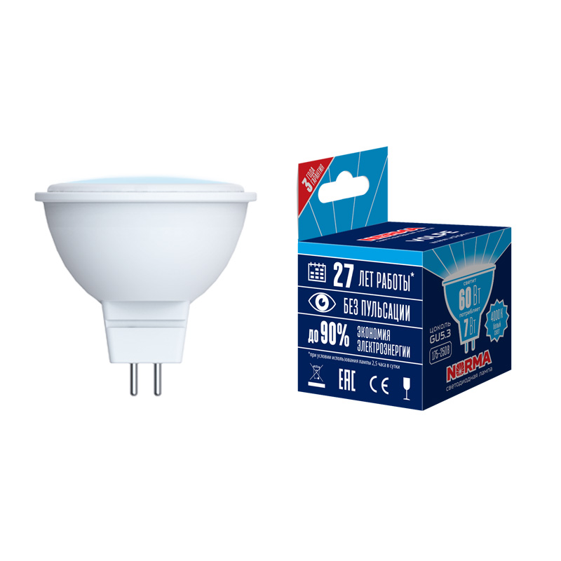 Лампа светодиод Volpe серия Norma LED-JCDR-7W/NW/GU5.3/NR (форма JCDR матовая белый свет 4000К)