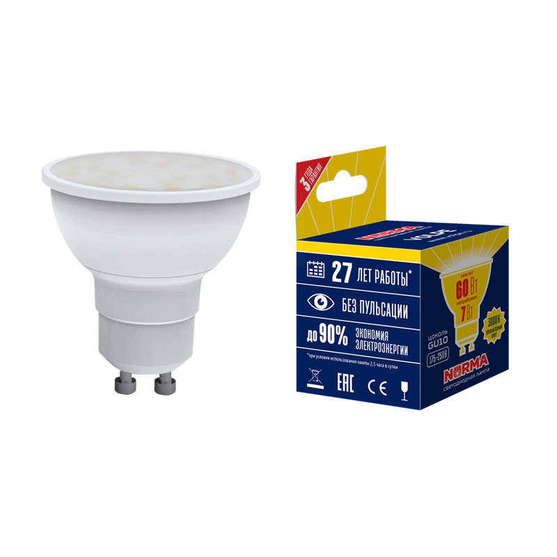 Лампа светодиод Volpe серия Norma LED-JCDR-7W/WW/GU10/NR (форма JCDR матовая теплый белый свет 3000К)