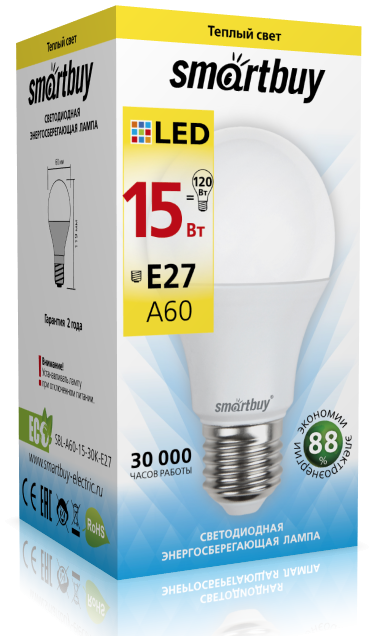 Лампа светодиодная Smartbuy-A60-15W/3000/E27 SBL-A60-15-30K-E27