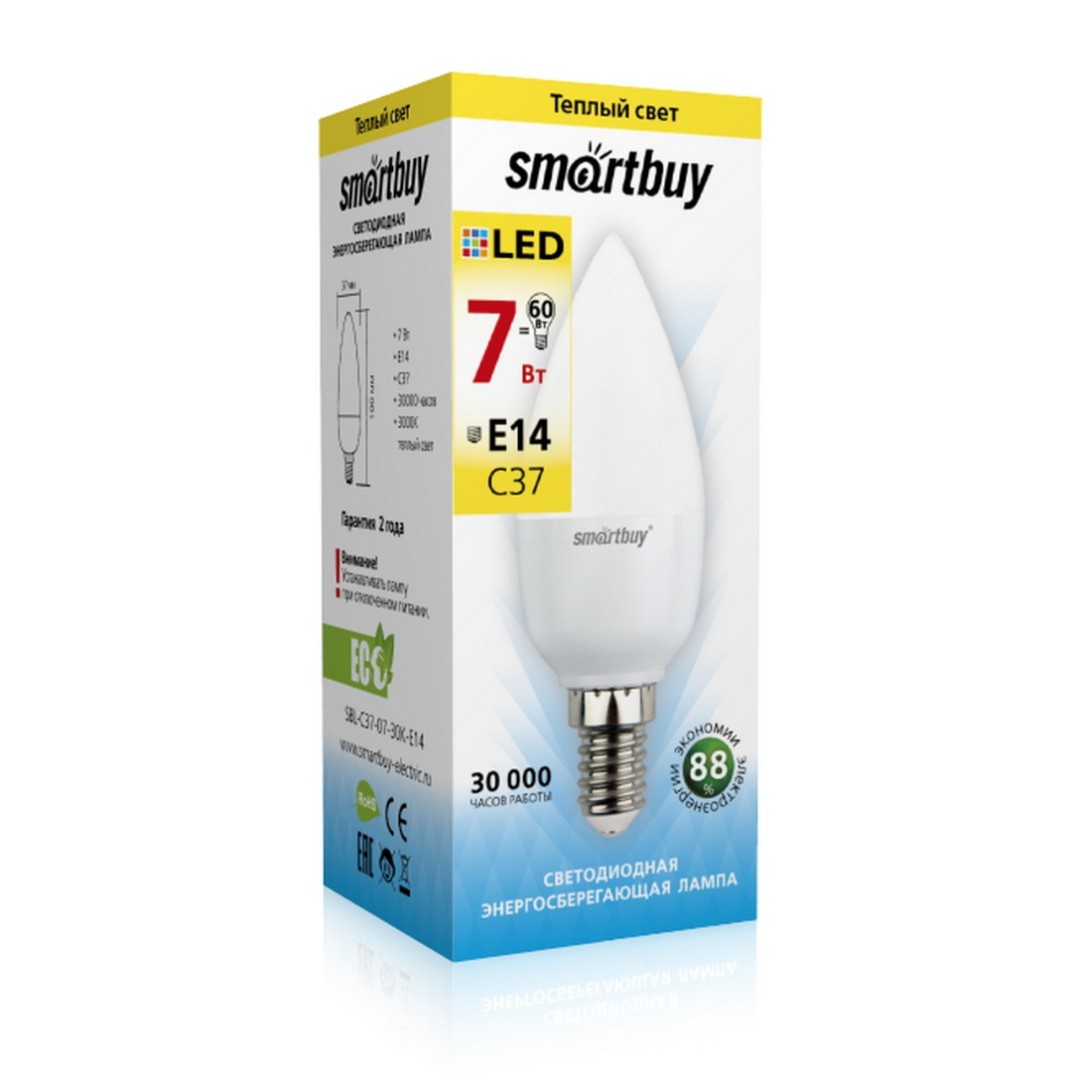Лампа светодиодная Smartbuy-C37-07W/3000 E14 SBL-C37-07-30K-E14