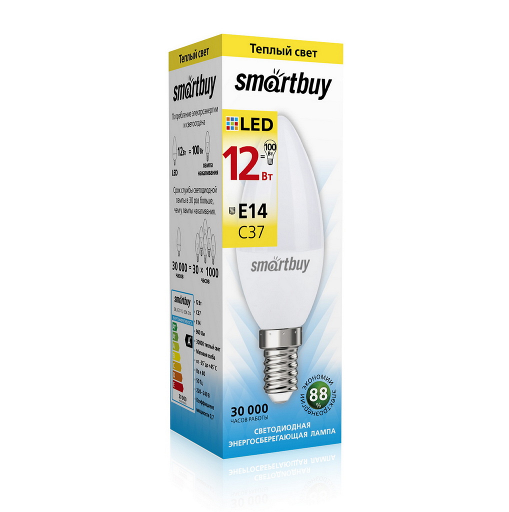 Лампа светодиодная Smartbuy-C37-12W/3000 E14 SBL-C37-12-30K-E14