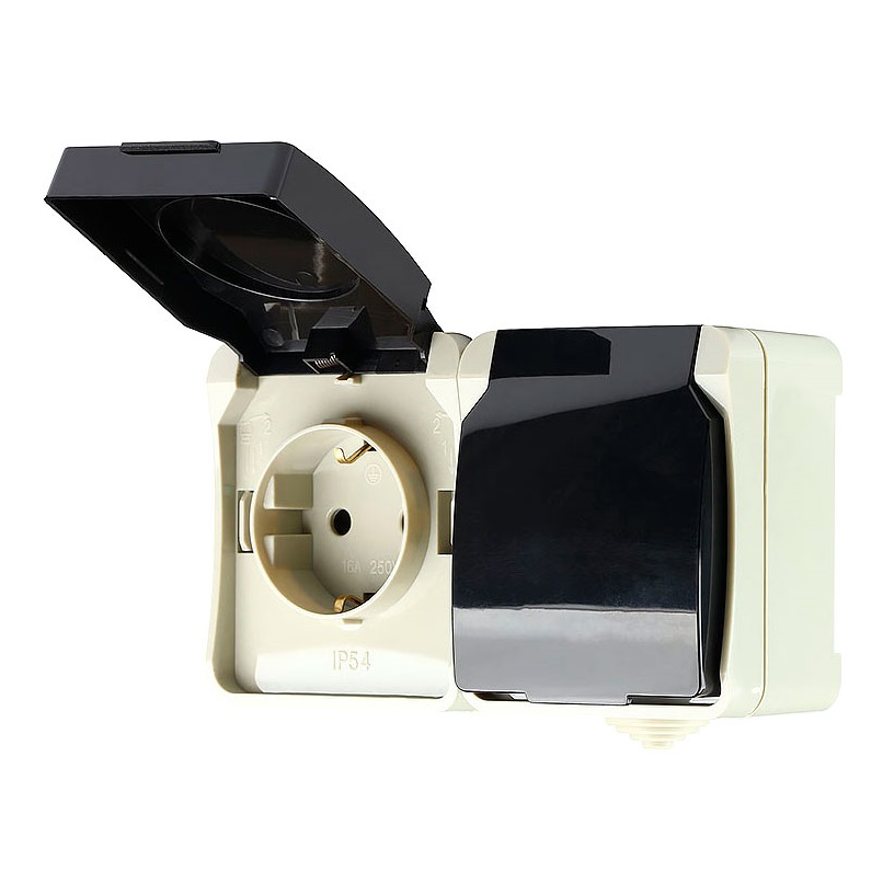 Розетка 2-местная Сатурн SBE-04w-16-S2-Z (с заземлением 16А с крышкой IP54)