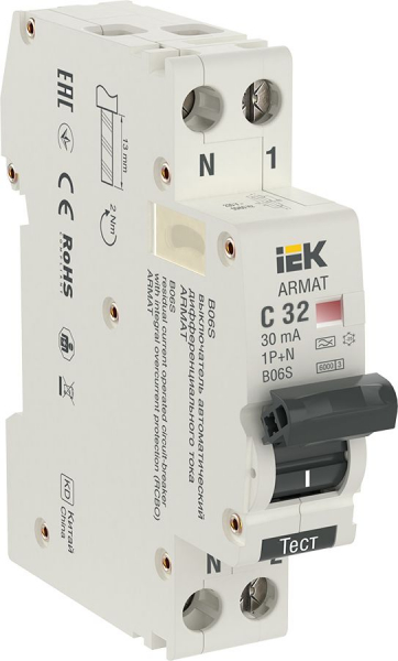 Автомат дифференциальный IEK ARMAT B06S 2Р 32А 30мА 6кА C AC 18 мм (AR-B06S-1N-C32C030)