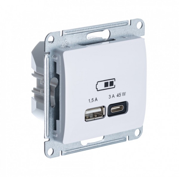 Розетка USB Glossa SE GSL000129 (тип A+C 45 Вт QC PD высокоскоростное ЗУ механизм белый)
