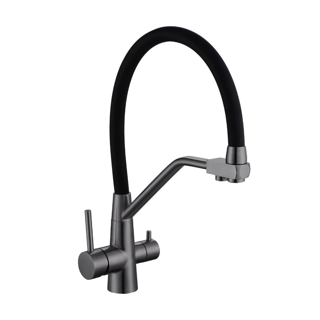 Смеситель для кухни с подключением фильтра Avrora Kitchen AV9006GM (с гибким изливом цвет оружейная сталь)