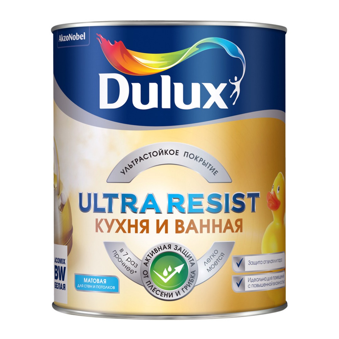 Краска для кухни и ванной Dulux Ultra Resist Кухня и ванная 1л (с защитой от плесени и грибка, полуматовая, база BW)