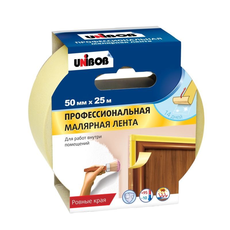 Клейкая лента малярная Unibob 48425 50мм х 25м (для внутренних работ, желтая)