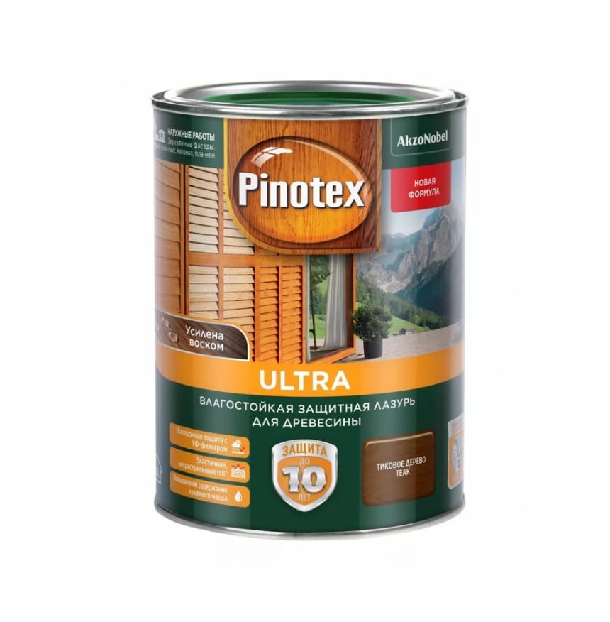 Лазурь по дереву Pinotex Ultra 1л (защитная, влагостойкая, тиковое дерево)