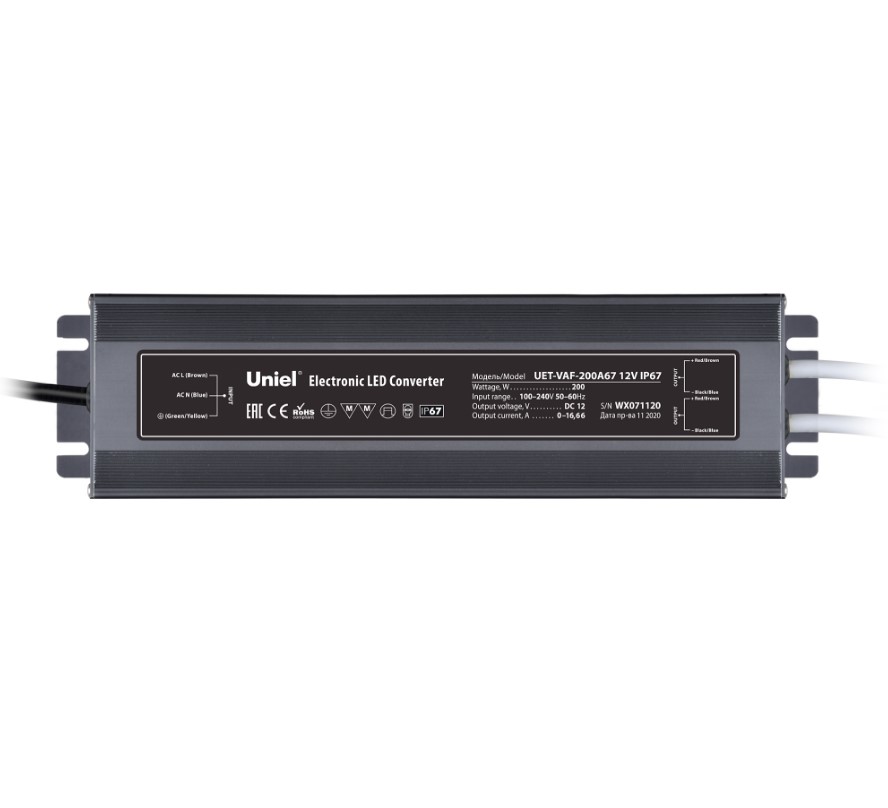 Блок питания Uniel UET-VAF-200A67 UL-00007579 12В IP67 (ультратонкий, металлический корпус, 2 выхода)