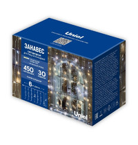 Гирлянда занавес светодиодный Uniel ULD-C6030-450/TTK Warm White IP44 UL-00009925 6х3 м (соединяемый, с эффектом мерцания, 450 светодиодов, теплый белый и белый свет, провод прозрачный)