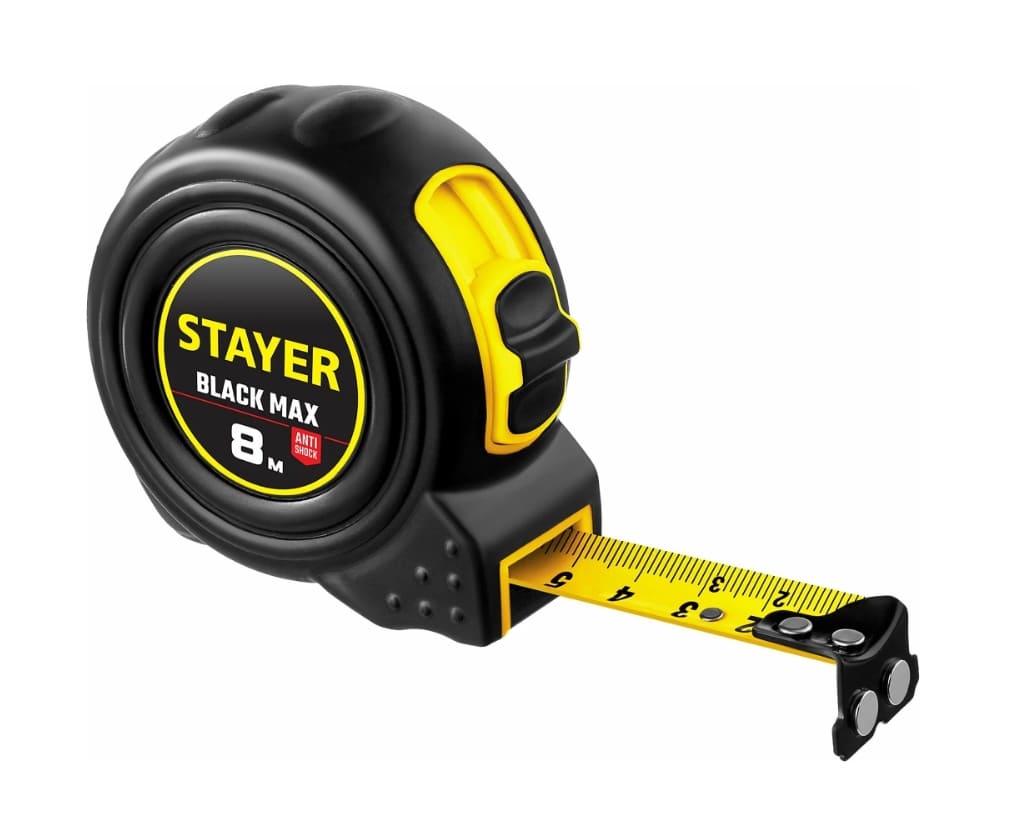 Рулетка Stayer BlackMax 3410-08_z02 8м 25мм (ударостойкий обрезиненный корпус, 2 фиксатора)